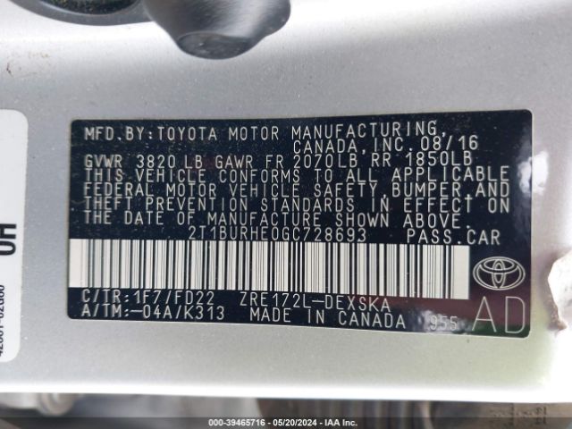 Photo 8 VIN: 2T1BURHE0GC728693 - TOYOTA COROLLA 