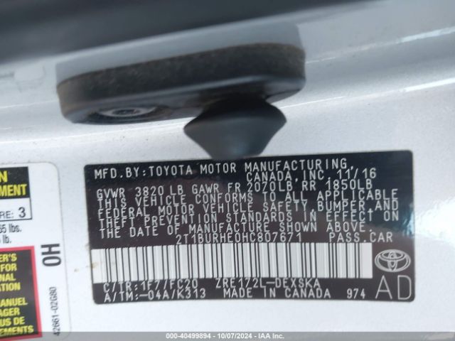 Photo 8 VIN: 2T1BURHE0HC807671 - TOYOTA COROLLA 