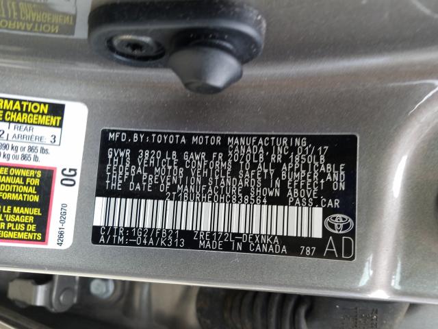 Photo 9 VIN: 2T1BURHE0HC838564 - TOYOTA COROLLA L 