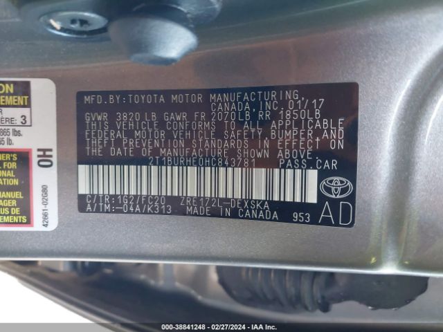 Photo 8 VIN: 2T1BURHE0HC843781 - TOYOTA COROLLA 