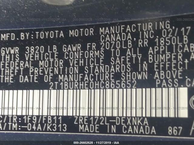 Photo 8 VIN: 2T1BURHE0HC865652 - TOYOTA COROLLA 