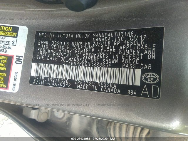 Photo 8 VIN: 2T1BURHE0HC868664 - TOYOTA COROLLA 