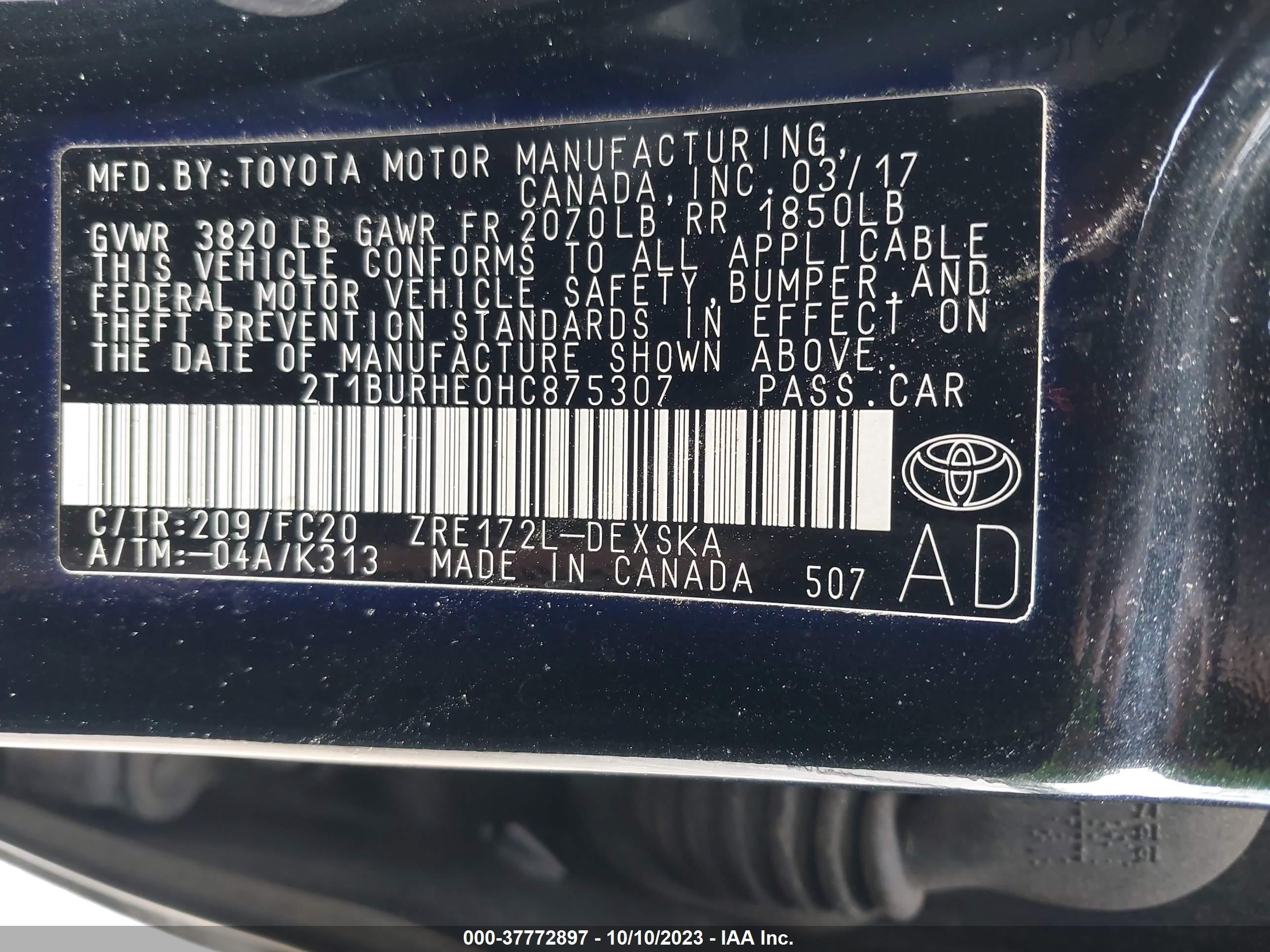 Photo 8 VIN: 2T1BURHE0HC875307 - TOYOTA COROLLA 