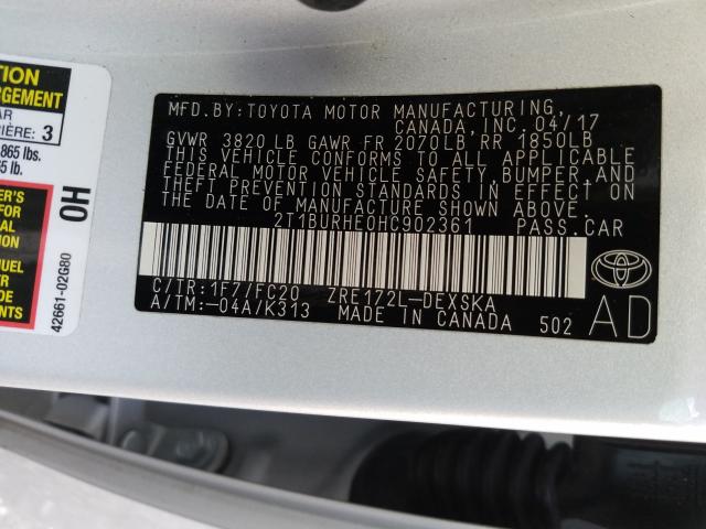 Photo 9 VIN: 2T1BURHE0HC902361 - TOYOTA COROLLA L 