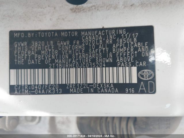 Photo 8 VIN: 2T1BURHE0JC015204 - TOYOTA COROLLA 