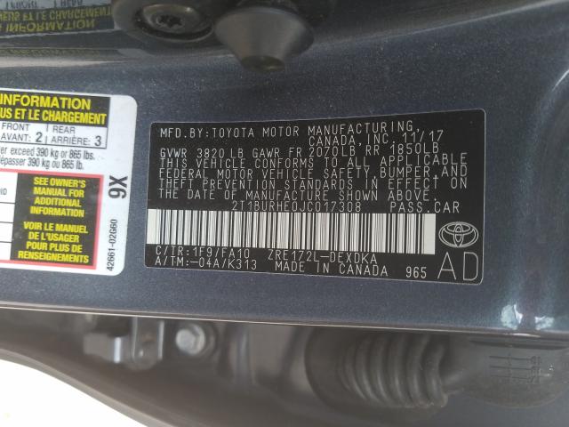 Photo 9 VIN: 2T1BURHE0JC017308 - TOYOTA COROLLA L 