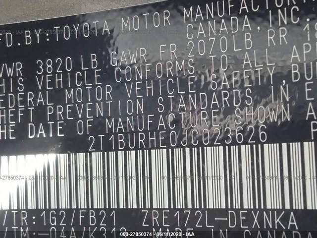 Photo 8 VIN: 2T1BURHE0JC023626 - TOYOTA COROLLA 