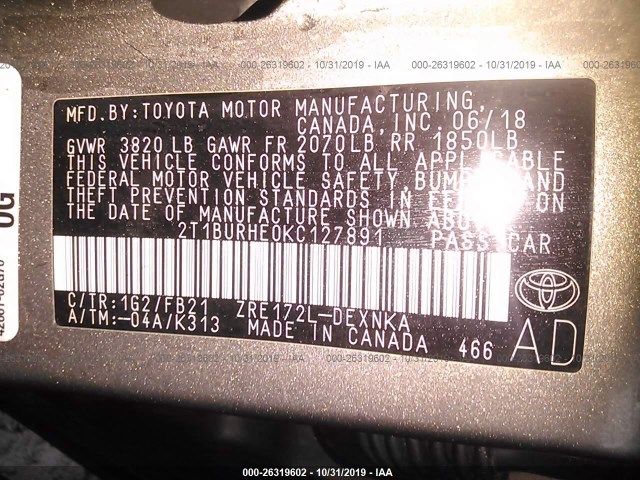 Photo 8 VIN: 2T1BURHE0KC127891 - TOYOTA COROLLA 