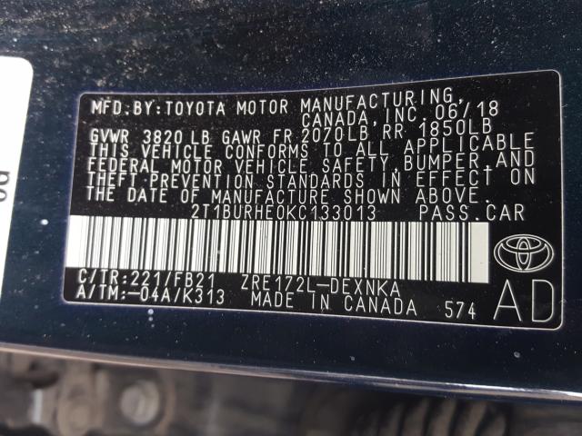 Photo 9 VIN: 2T1BURHE0KC133013 - TOYOTA COROLLA L 