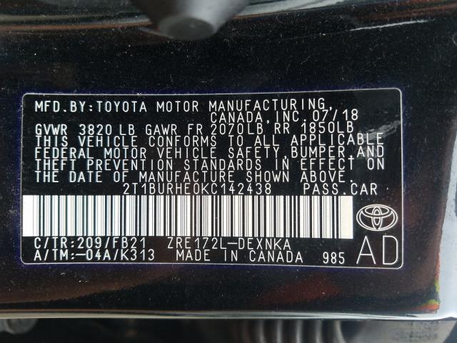 Photo 9 VIN: 2T1BURHE0KC142438 - TOYOTA COROLLA L 