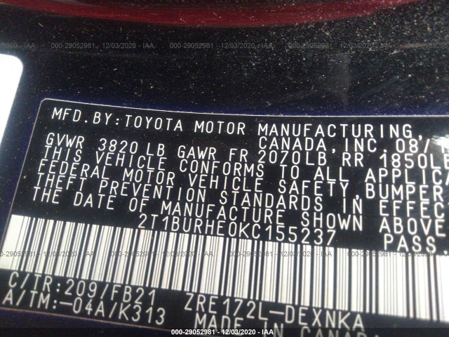 Photo 8 VIN: 2T1BURHE0KC155237 - TOYOTA COROLLA 