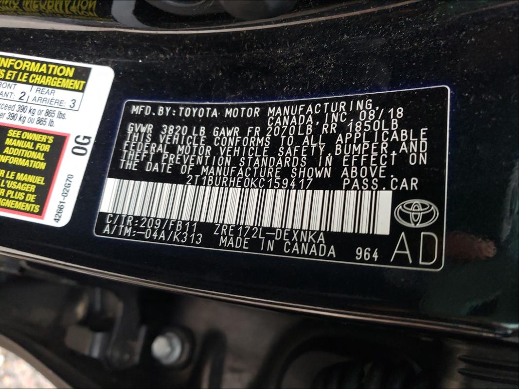 Photo 9 VIN: 2T1BURHE0KC159417 - TOYOTA COROLLA L 