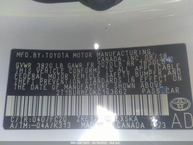 Photo 8 VIN: 2T1BURHE0KC163662 - TOYOTA COROLLA 