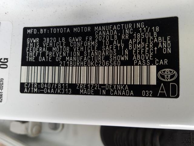 Photo 9 VIN: 2T1BURHE0KC206560 - TOYOTA COROLLA L 