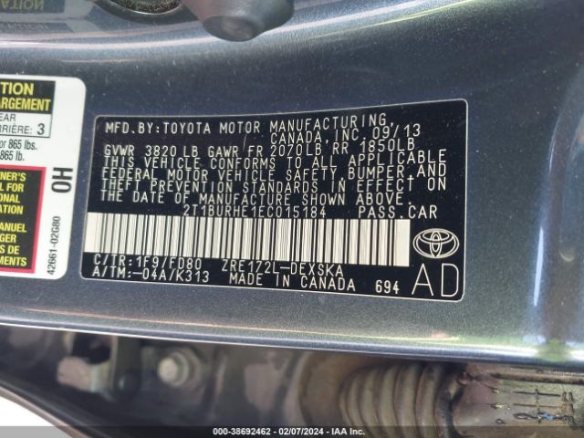 Photo 8 VIN: 2T1BURHE1EC015184 - TOYOTA COROLLA 