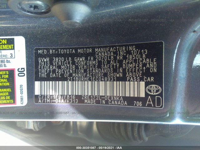 Photo 8 VIN: 2T1BURHE1EC048931 - TOYOTA COROLLA 