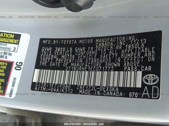 Photo 8 VIN: 2T1BURHE1EC071772 - TOYOTA COROLLA 