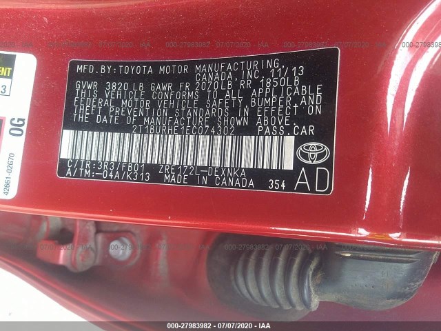 Photo 8 VIN: 2T1BURHE1EC074302 - TOYOTA COROLLA 