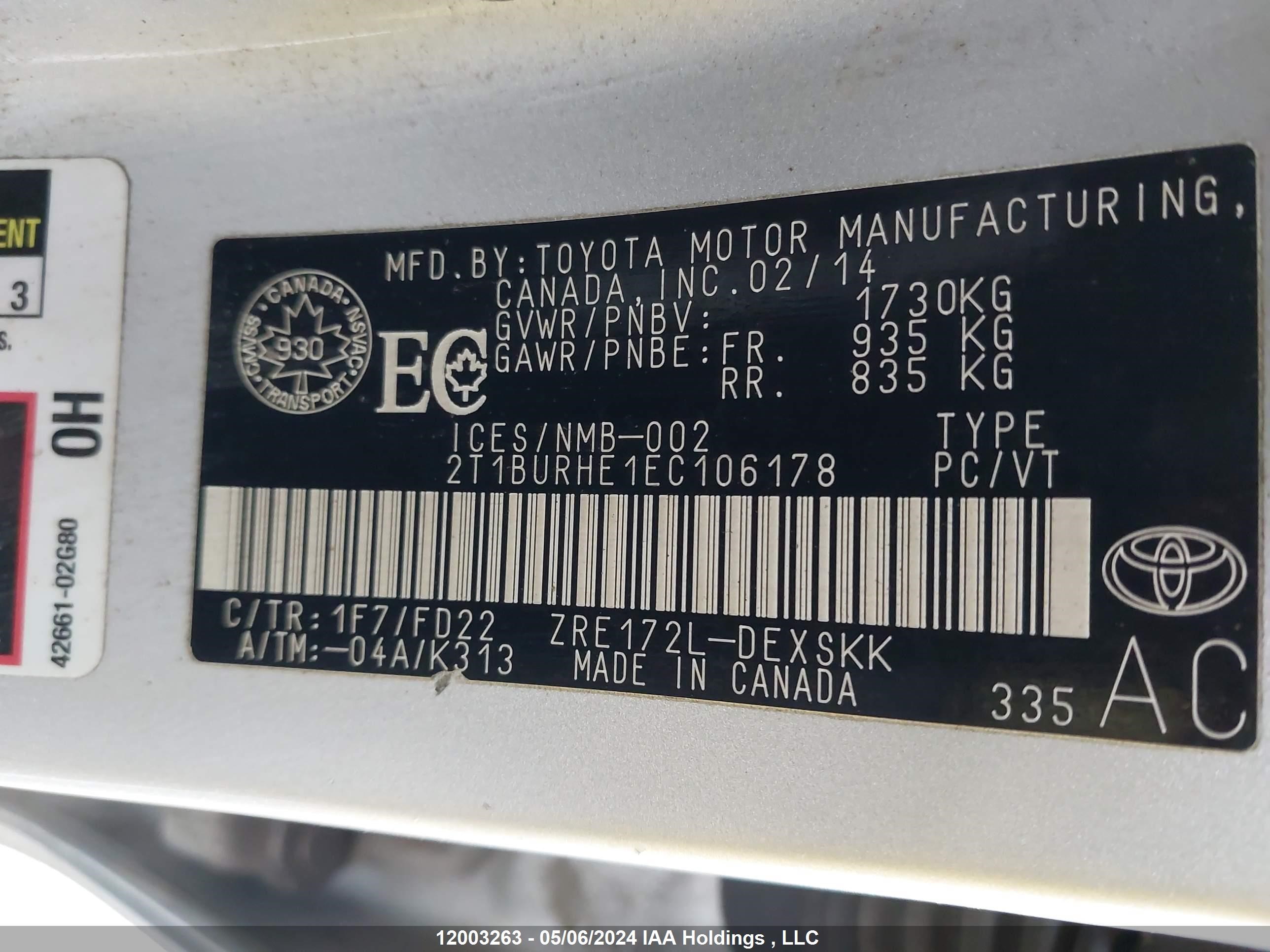 Photo 8 VIN: 2T1BURHE1EC106178 - TOYOTA COROLLA 