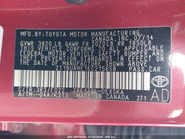 Photo 8 VIN: 2T1BURHE1EC215658 - TOYOTA COROLLA 