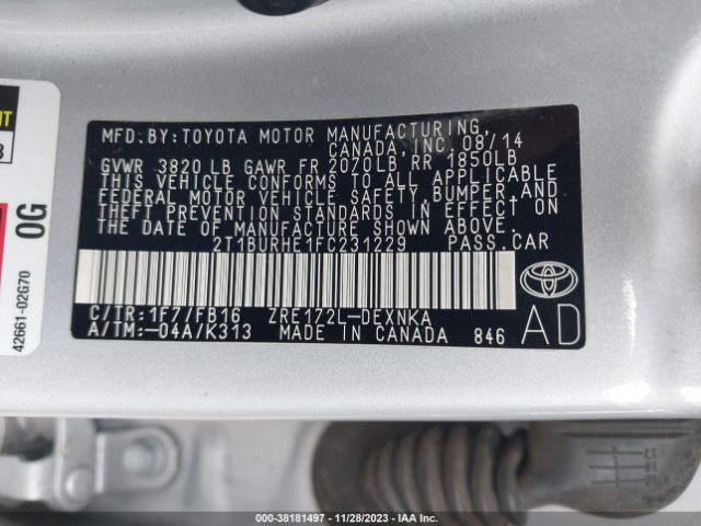 Photo 8 VIN: 2T1BURHE1FC231229 - TOYOTA COROLLA 