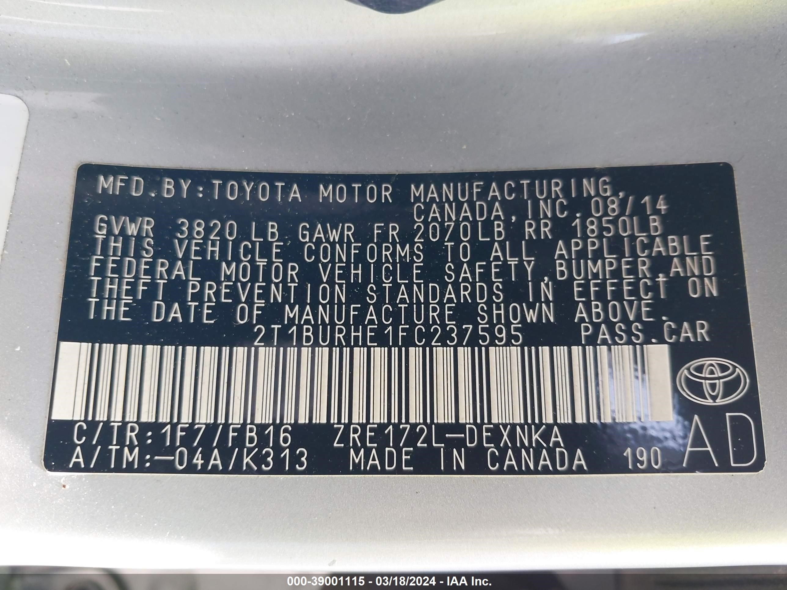 Photo 8 VIN: 2T1BURHE1FC237595 - TOYOTA COROLLA 