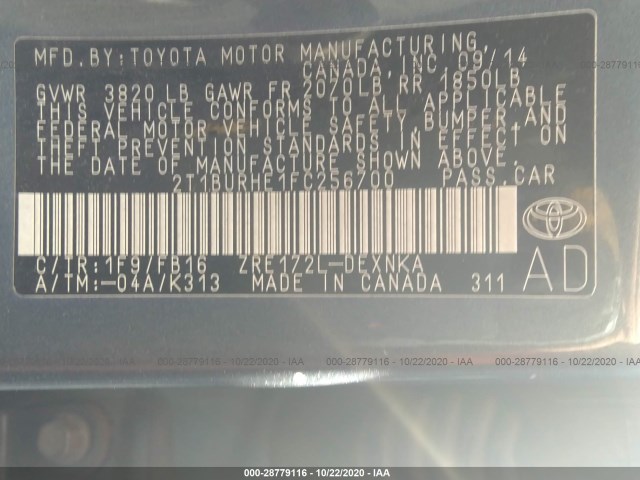 Photo 8 VIN: 2T1BURHE1FC256700 - TOYOTA COROLLA 