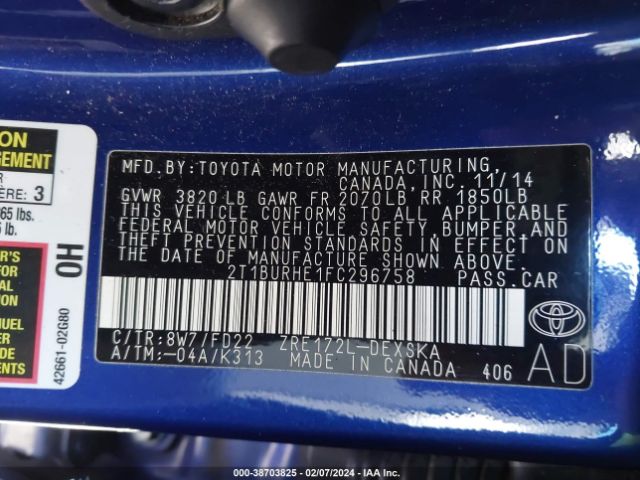 Photo 8 VIN: 2T1BURHE1FC296758 - TOYOTA COROLLA 