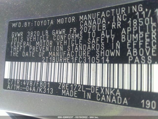 Photo 8 VIN: 2T1BURHE1FC310514 - TOYOTA COROLLA 