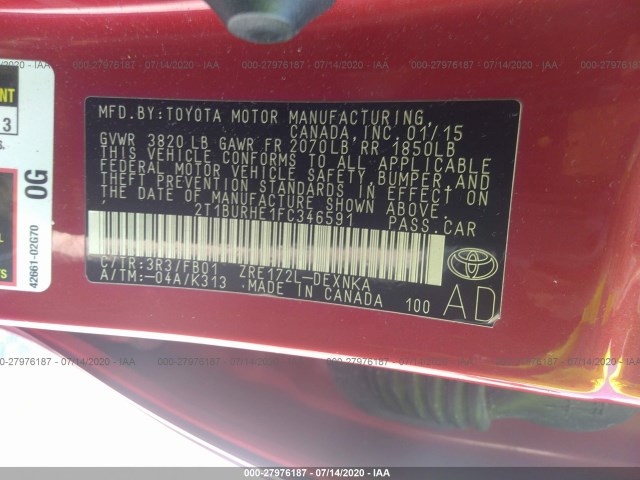 Photo 8 VIN: 2T1BURHE1FC346591 - TOYOTA COROLLA 