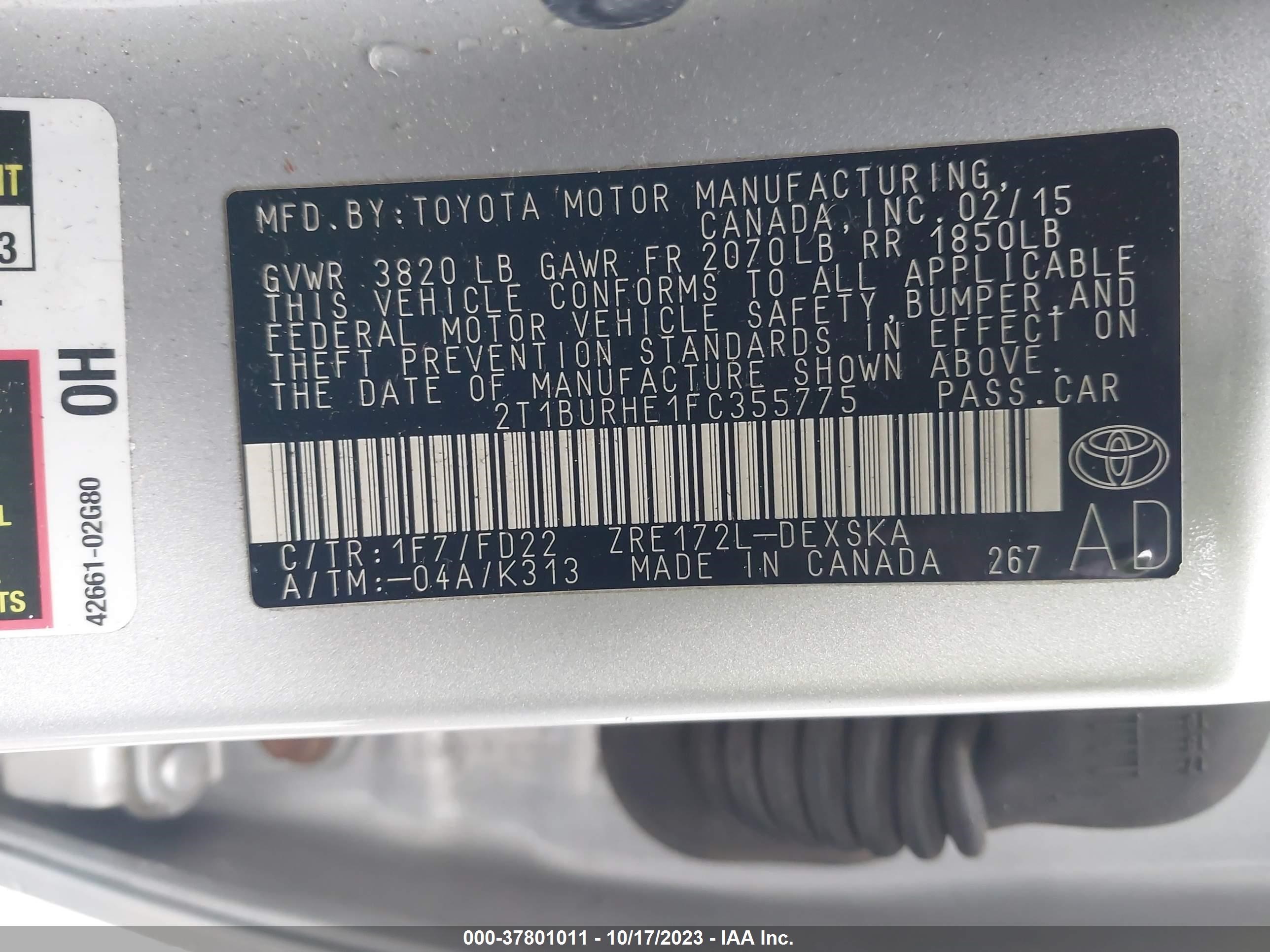 Photo 8 VIN: 2T1BURHE1FC355775 - TOYOTA COROLLA 