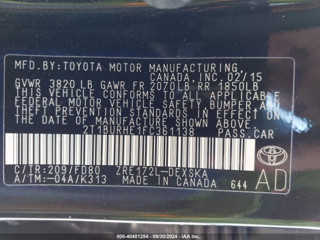 Photo 8 VIN: 2T1BURHE1FC361138 - TOYOTA COROLLA 