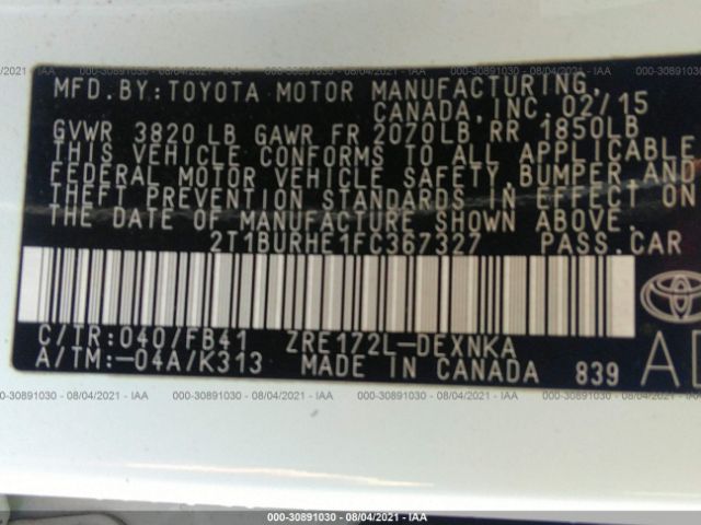 Photo 8 VIN: 2T1BURHE1FC367327 - TOYOTA COROLLA 