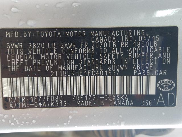 Photo 9 VIN: 2T1BURHE1FC401637 - TOYOTA COROLLA L 