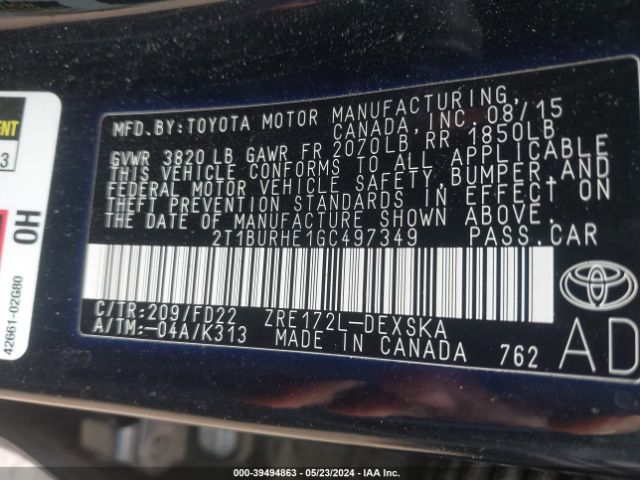 Photo 8 VIN: 2T1BURHE1GC497349 - TOYOTA COROLLA 