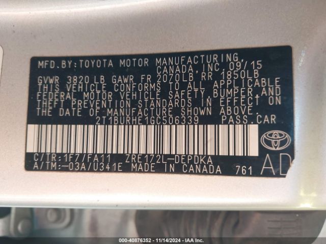 Photo 8 VIN: 2T1BURHE1GC506339 - TOYOTA COROLLA 