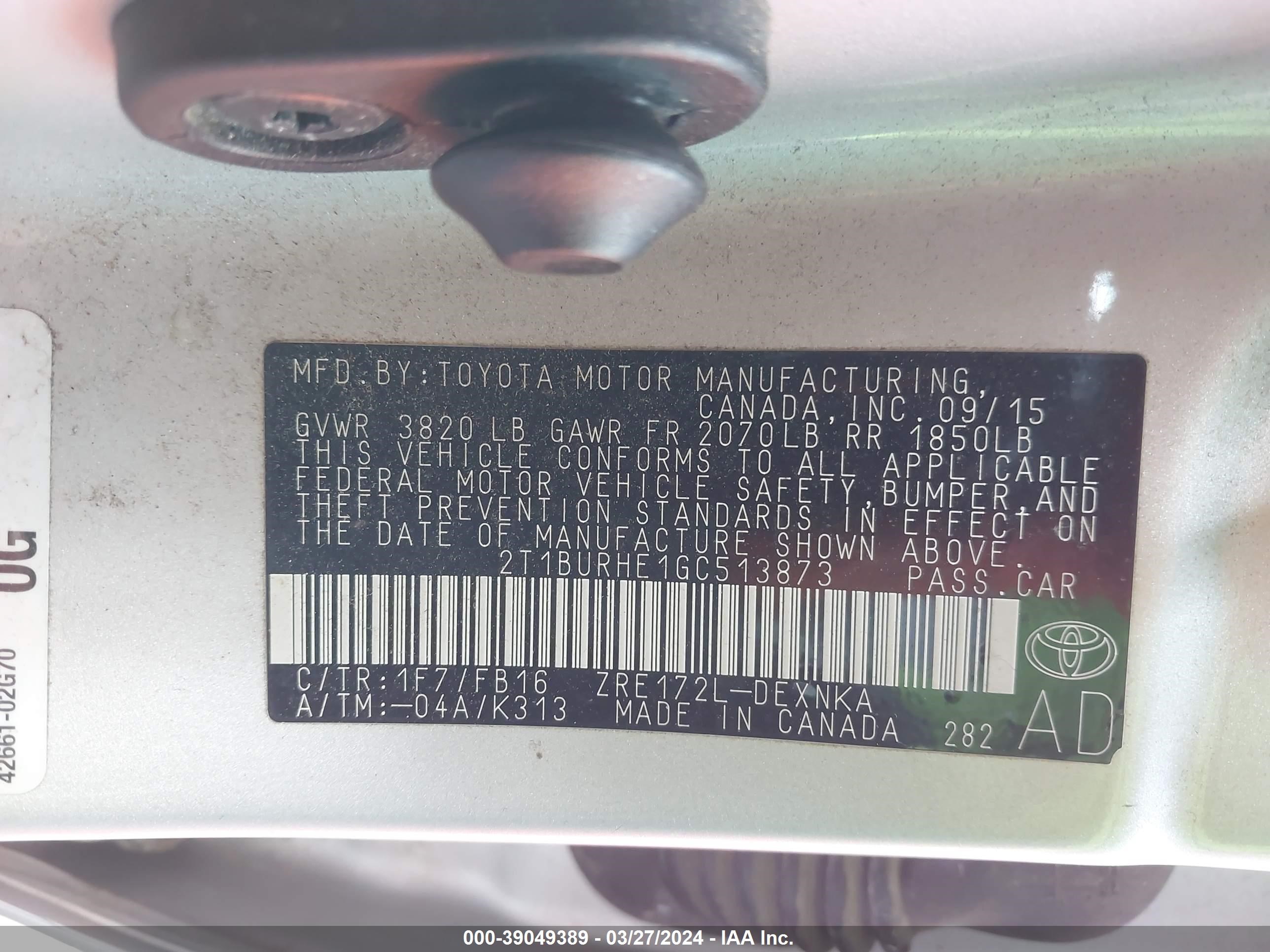 Photo 8 VIN: 2T1BURHE1GC513873 - TOYOTA COROLLA 