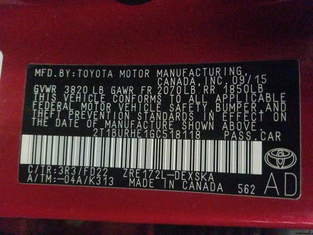 Photo 9 VIN: 2T1BURHE1GC518118 - TOYOTA COROLLA L 