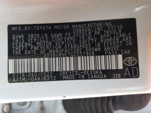 Photo 9 VIN: 2T1BURHE1GC557906 - TOYOTA COROLLA L 