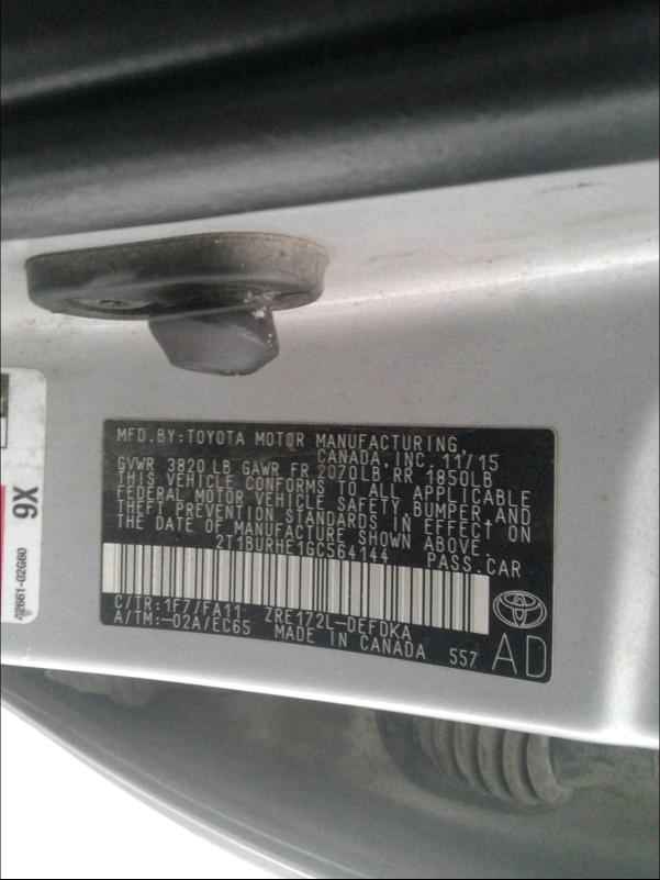 Photo 9 VIN: 2T1BURHE1GC564144 - TOYOTA COROLLA L 