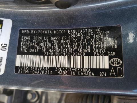 Photo 9 VIN: 2T1BURHE1GC583468 - TOYOTA COROLLA L 