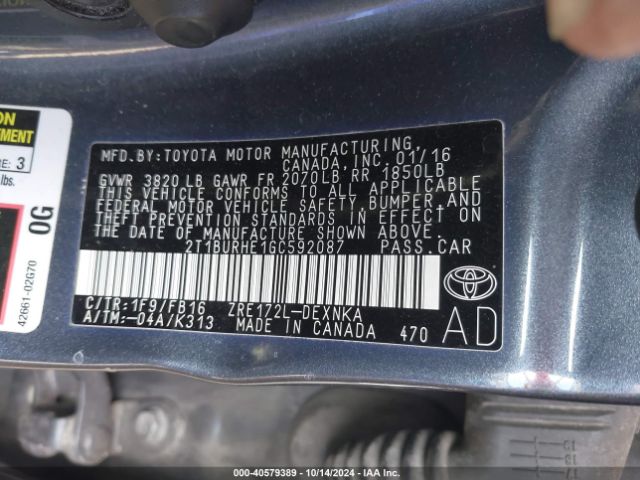 Photo 8 VIN: 2T1BURHE1GC592087 - TOYOTA COROLLA 