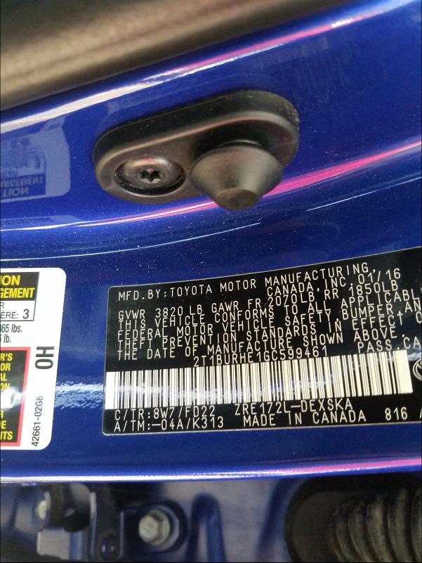 Photo 9 VIN: 2T1BURHE1GC599461 - TOYOTA COROLLA L 