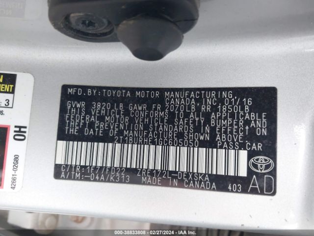 Photo 8 VIN: 2T1BURHE1GC605050 - TOYOTA COROLLA 