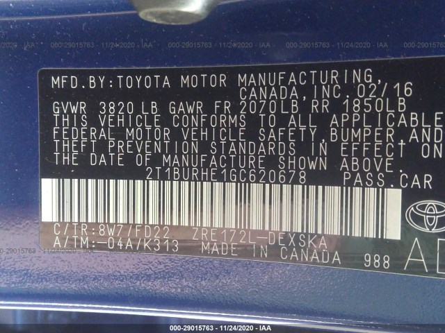 Photo 8 VIN: 2T1BURHE1GC620678 - TOYOTA COROLLA 