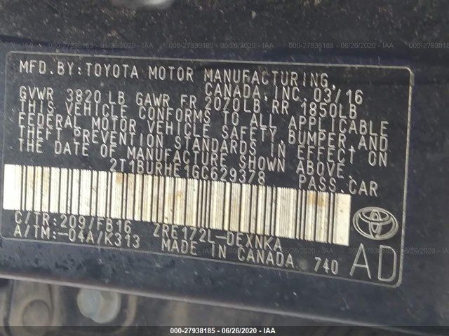 Photo 8 VIN: 2T1BURHE1GC629378 - TOYOTA COROLLA 