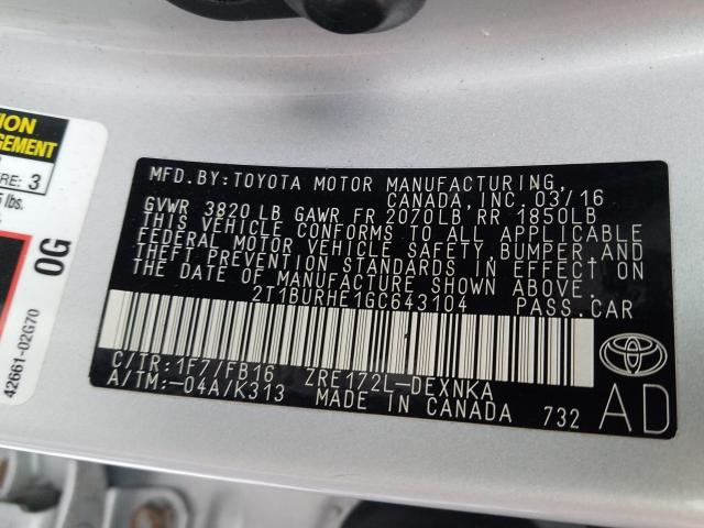 Photo 9 VIN: 2T1BURHE1GC643104 - TOYOTA COROLLA L 