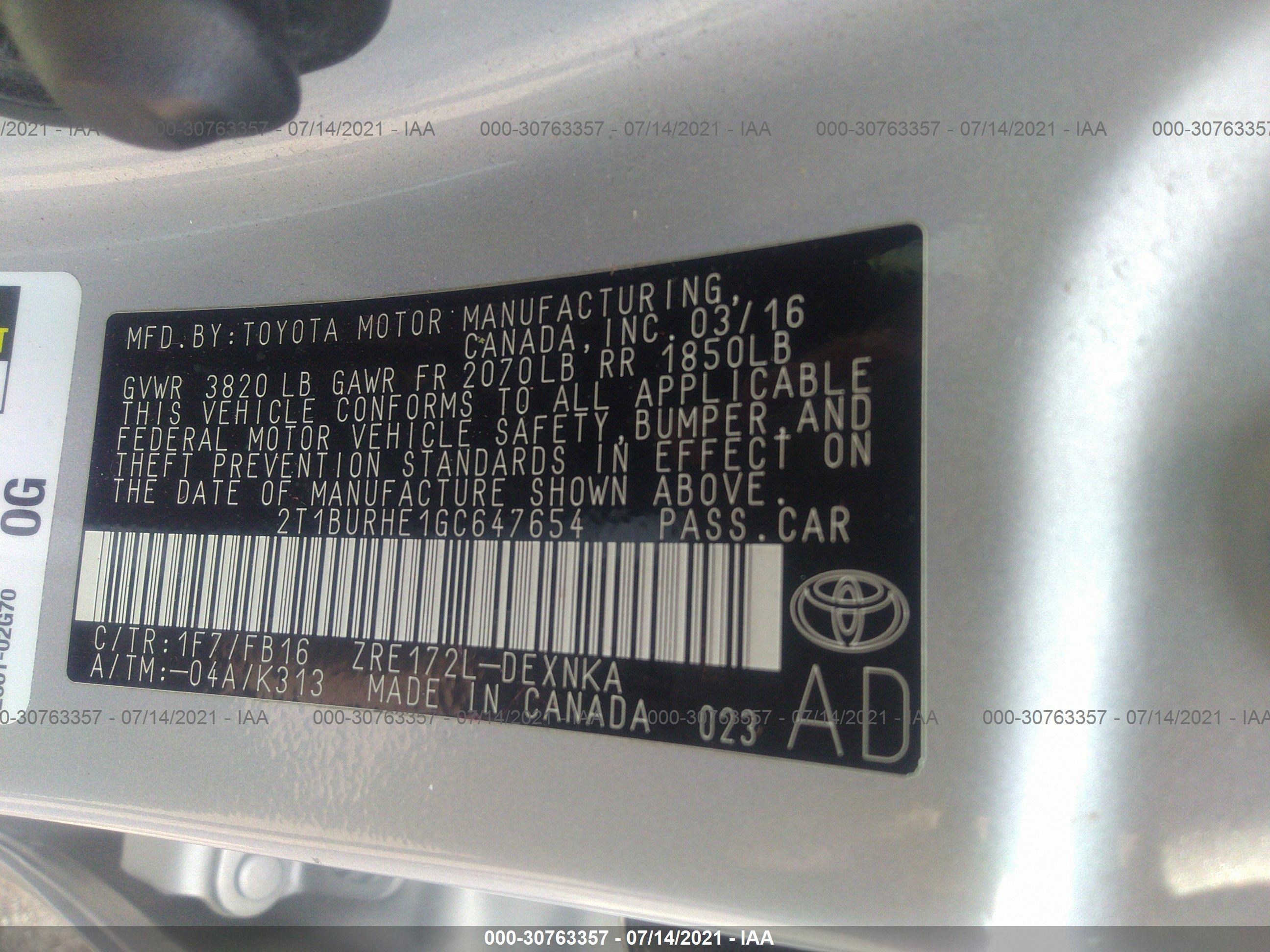 Photo 8 VIN: 2T1BURHE1GC647654 - TOYOTA COROLLA 