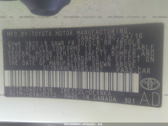 Photo 8 VIN: 2T1BURHE1GC651087 - TOYOTA COROLLA 