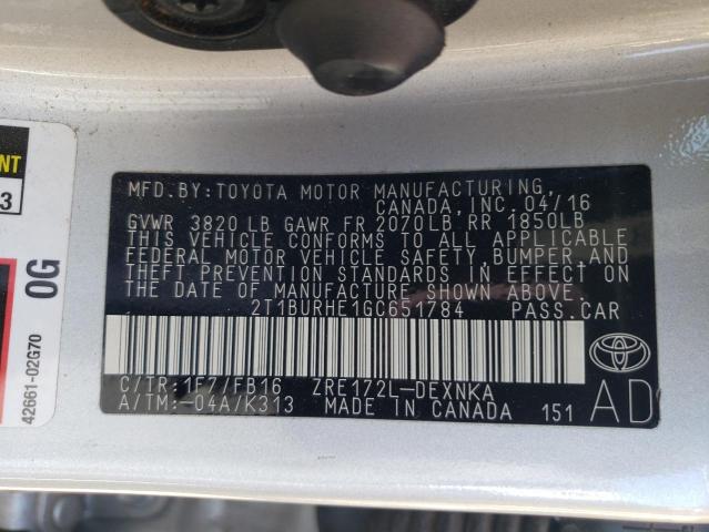 Photo 12 VIN: 2T1BURHE1GC651784 - TOYOTA COROLLA 